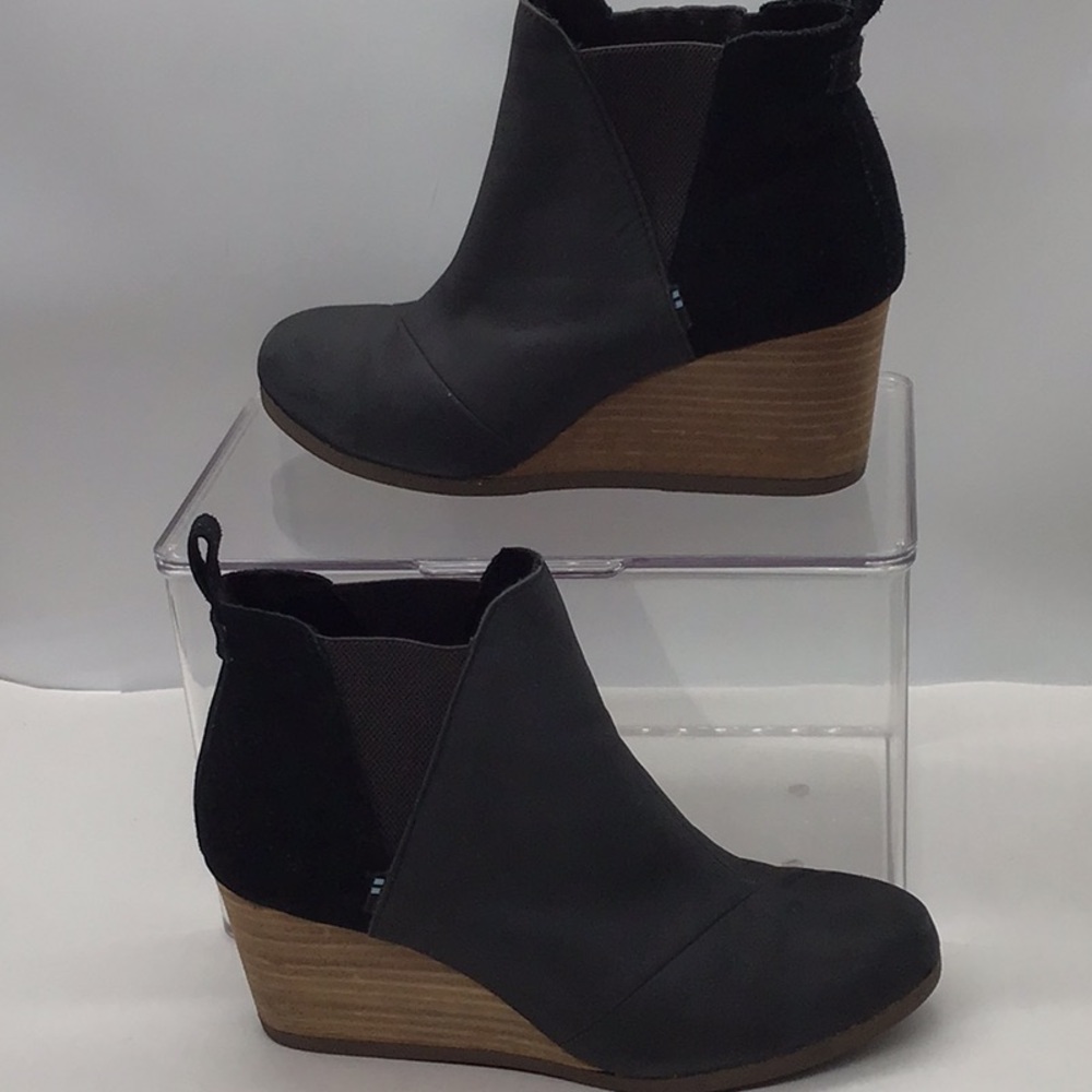 Toms Black Suede/Leather Wedge Heel Ankle Boot - Picture 2 of 15